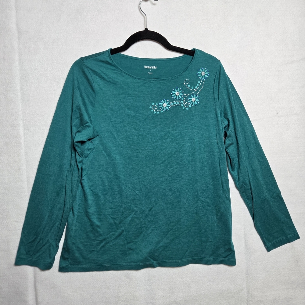 WinterSilks Crewneck Knit Top Long Sleeves Green  Imbroidered L